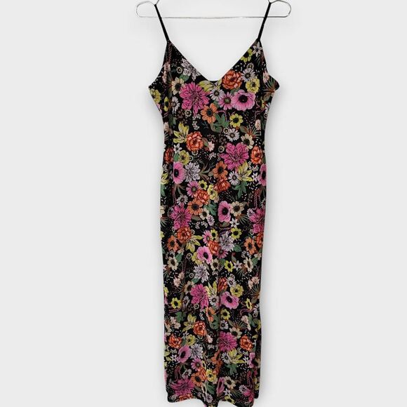 AFRM Dresses & Skirts - AFRM Dress Sz Large Midi Strappy V Neck Black Stretch Mesh Floral Print Bodycon
